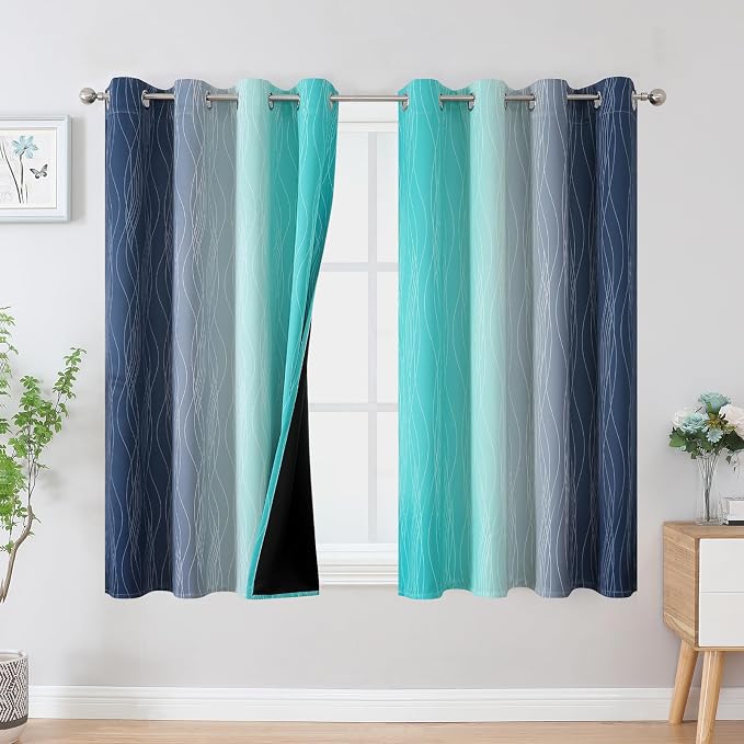 Navy Blue and Teal Blackout Curtains 54 Inch Length, Full Light Blocking by ESTELARTEXTILER