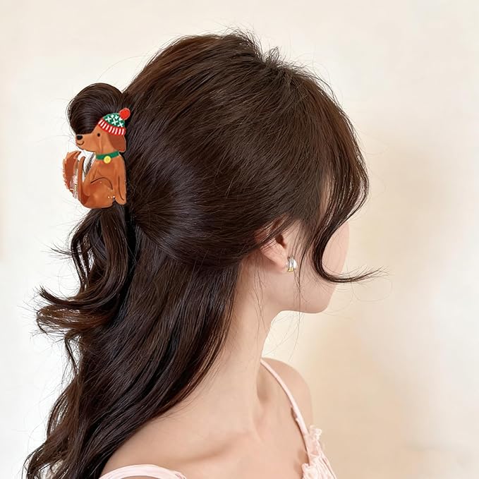 Christmas Hair Clips for Women, Cute Christmas Puppy Hair Claw Clips Funny Strong Hold Dog Jaw Clips with Hat Design Non-slip Animal Winter Hair Barrettes Xmas Hair Accessories Decoration