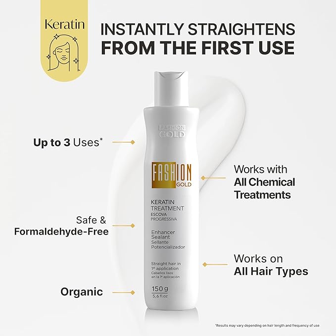 Fashion Gold Keratin Hair Treatment (Up to 3 USES per Bottle), Hair Botox Treatment, At Home Keratin Treatment, Keratina para Alisar el Pelo, Alisado Brasileño, Alisados organicos SIN FORMOL, 150g