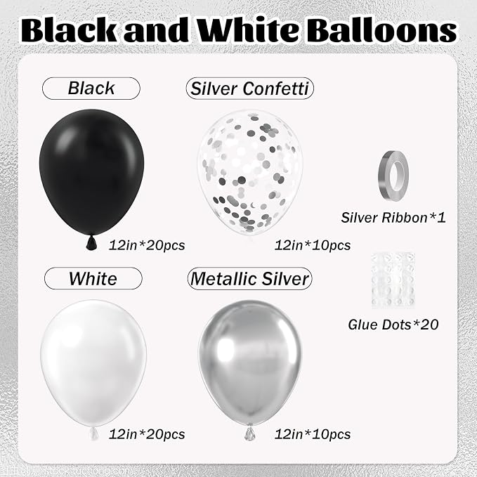 60pcs Black and Silver Balloons 12inch - Image 2
