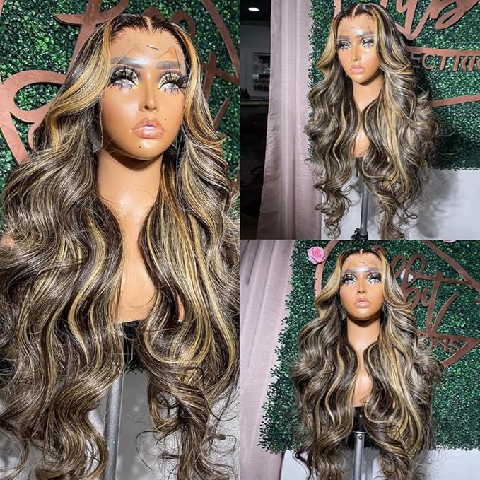 FB/27 Balayage Highlight Lace Front Wig Human Hair 13x6 HD Lace Front Wigs Human Hair Body Wave Wig 180% Density Glueless Wig for Black Women Colored Wigs Human Hair 18 Inch Highlight Wig