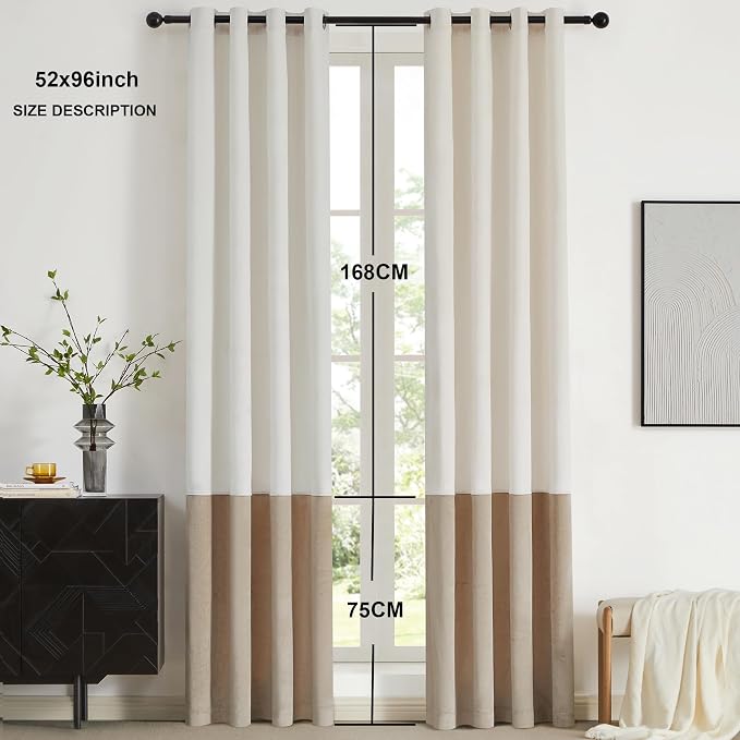 BULBUL Cream Ivory Champagne Luxury Velvet Curtains 96 inch, Color Block | - Image 6