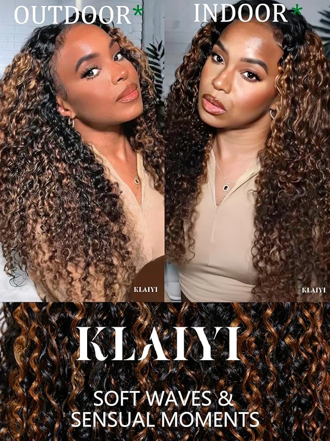 KLAIYI Ombre Brown Water Wave Bye Bye Knots Glueless Wig Human Hair Pre Cut 7x5 Lace Front Wigs Drawstring Pre Plucked Bleached Highlight Balayage Curly Ready to Wear and Go Wig with Dark Roots 26Inch