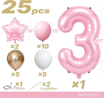 PartyWoo Number Balloons 40 Inch Pink Number 3 Kit 25pcs - Image 2