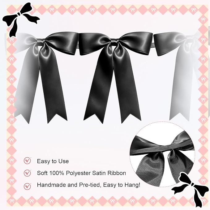 2 Strings of 16PCS Black Bow Garlands Banner Decoration, Pre-Strung Satin - Image 3
