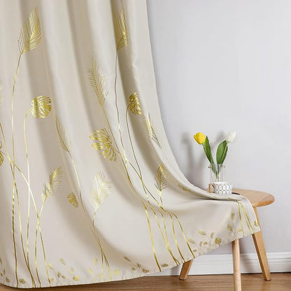 Gold Wheat and Leaf Printed Curtains Light Blocking Curtains Thermal Insulated - Image 7