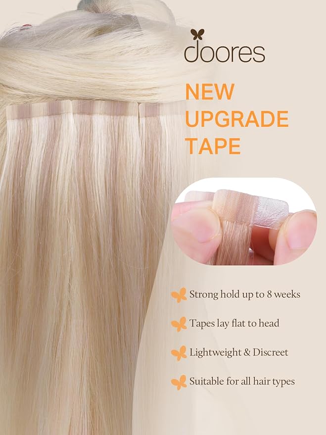 DOORES Tape in Hair Extensions, Drity Blonde Mixed Platinum Blonde 20pcs 50g 24 Inch, Seamless Straight Real Human Hair