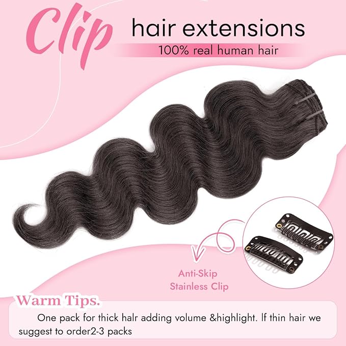 Clip in Hair Extensions Real Human Hair Body Wave 2 Dark Brown Clip in 100% Brazilian Remy Human Hair Extensions 8pcs Per Set with 18 Clips Double Weft 24 Inch 120g/3.6oz