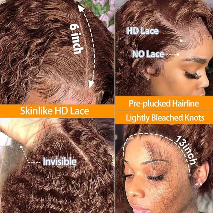 250% Density SKINLIKE Real HD Lace Wig, 13x6 Full Frontal 0.10mm Ultra-thin HD Lace Front Wigs Human Hair Pre-Plucked Bleached Knots Invisible Lace Chocolate Brown Deep Wave Human Hair Wigs 24 Inch
