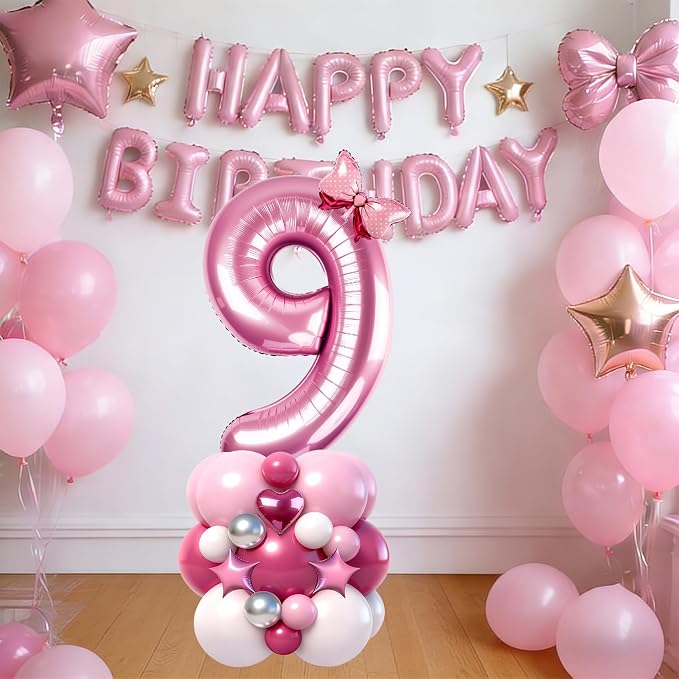 40 Inch Pink Number 9 Balloon Tower Set, Pastel Number Nine Foil Balloon - Image 5