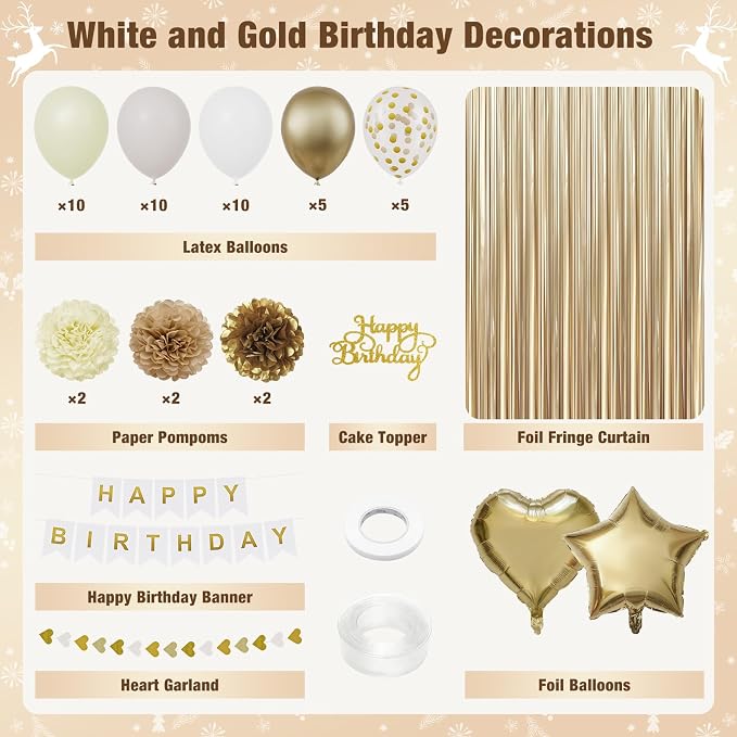 White and Gold Happy Birthday Party Decorations - Image 2