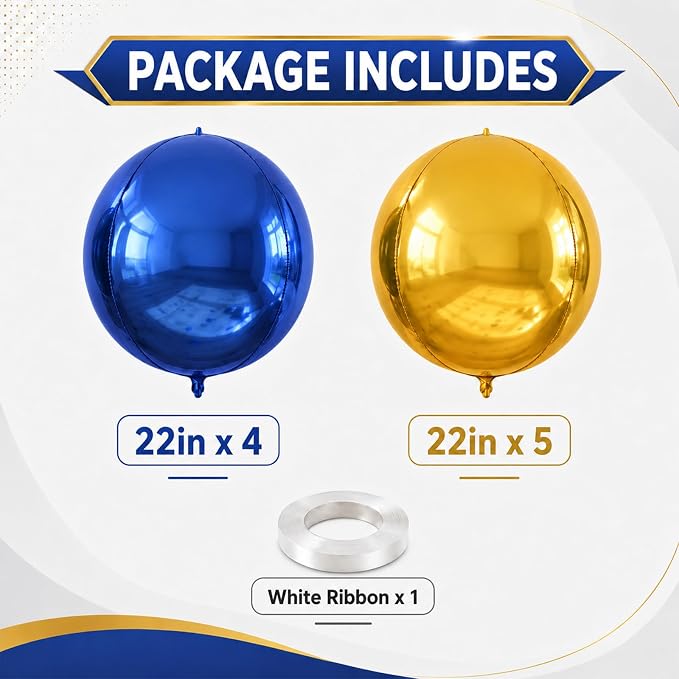 9 Pcs Blue Gold Round Foil Balloons Dark Navy Blue Metallic Gold Chrome 4D Ball - Image 2