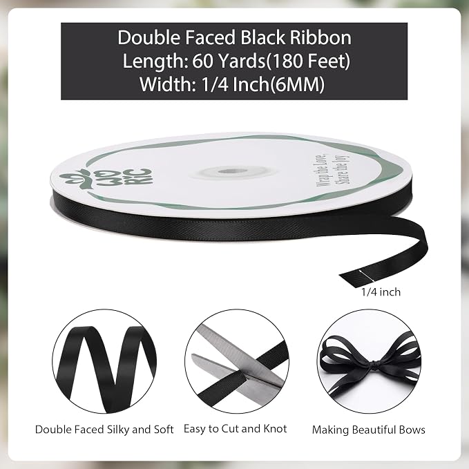 woric Double Faced 1/4 Inch 60 Yards Black Satin Ribbon Thin Ribbon | Soft Easy - Image 2