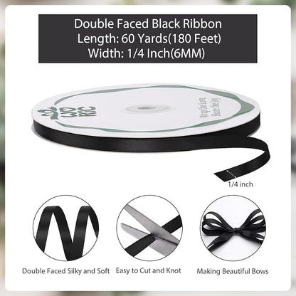 woric Double Faced 1/4 Inch 60 Yards Black Satin Ribbon Thin Ribbon | Soft Easy - Image 2