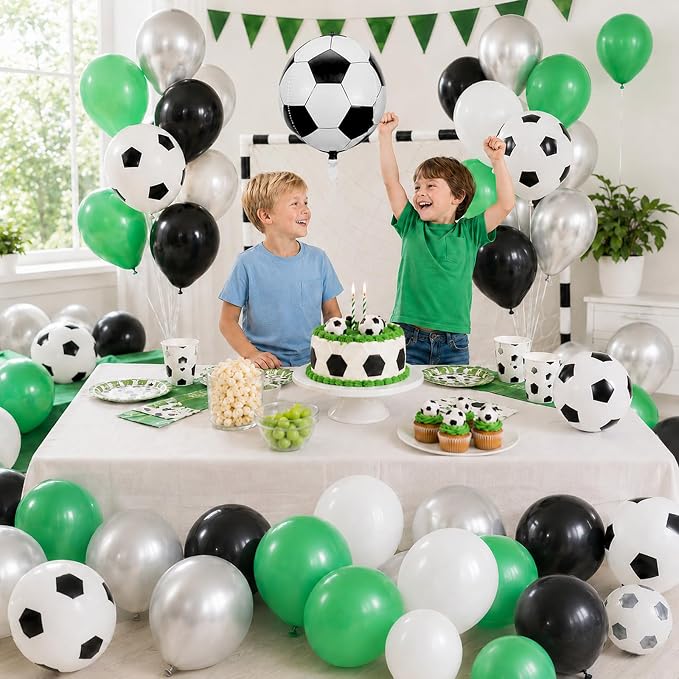 Soccer Balloons, 12 Inch Green Black White Metallic Silver Latex Balloons - Image 7