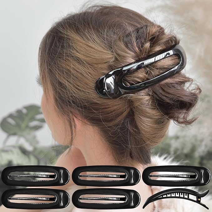 RC ROCHE 6 Pcs Flat Claw Hair Clips for Women Alligator French Barrette Long Thick Hair Duckbill Curved No Slip Grip Lay Flat Side Slide Firm Classic Styling, Large Black