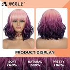 NOBLE Colourful Short Bob Wigs with Bangs for Women 3 Tone Ombre Pink root to Purple Color Short Wavy Bob Hair Wig Shoulder Length Synthetic Heat Resistant Bob Wigs