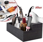 Wooden Hair Dryer Holder - Rustic Hair Tools Organizer with 3 Circular Holes and 1 Compartment, Bath Accessories Supplies Organizer for Bathroom Vanity Countertop Storage Hair Dryer, Vintage Black