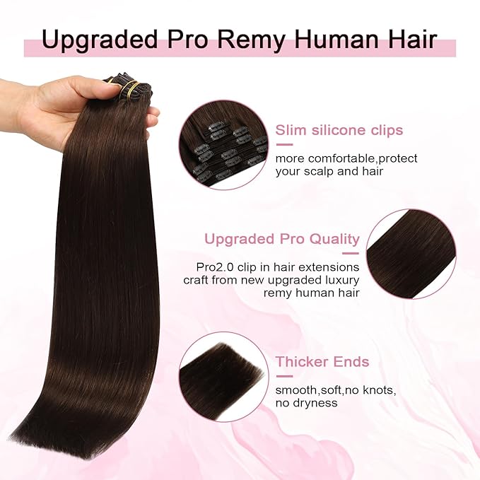Pro2.0 Remy Real Human Hair Extensions Clip ins 120g Thick 7pcs Color #4 Chocolate Brown Remy Clip in Hair Extensions Real Human Hair 16inch Seamless Double Weft for Women（#4-16inch）
