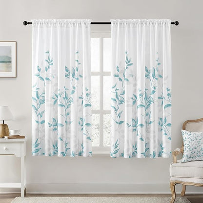 HOMEIDEAS Non-See-Through Teal and White Privacy Sheer Curtains 52 X 63 Inch by HOMEIDEAS