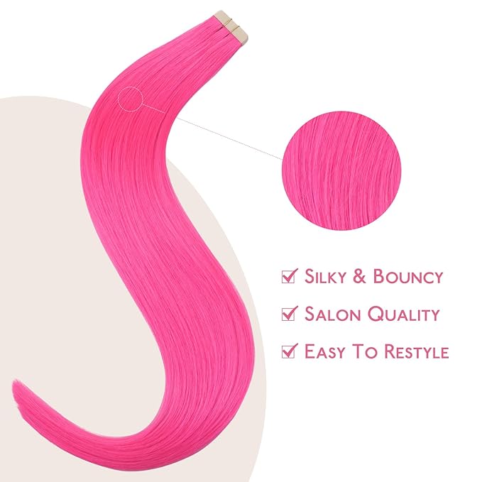 Wennalife Tape in Hair Extensions Human Hair Hot Pink Tape in Extensions, 10pcs 25g 14 inch Remy Invisible Tape Ins Straight Colored Soft Real Human Hair Tape in Extensions Refill Set Extensions