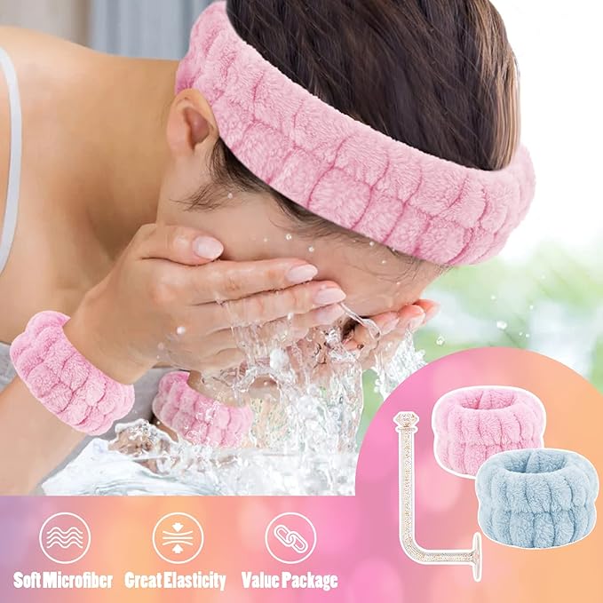 Face Wash Set - Headband, Absorbent Microfiber Wristbands with Holder for Washing Face, Spa Wrist Scrunchies