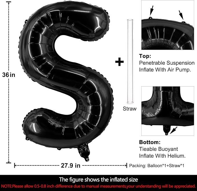 Lovoir 40 Inch Large Black Letter S Balloons Big Size Jumbo Mylar Foil Helium - Image 2
