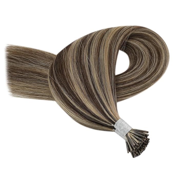 YoungSee I Tips Hair Extensions Brown Itip Hair Extensions Real Human Hair Highlight Dark Brown with Blonde Itip Hair Extension for Everyday Use 18 Inch 50g 60s