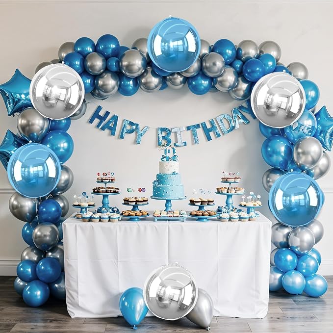 6Pcs Blue Silver Round Foil Balloons, 22inch 4D Metallic Silver Blue Balloons - Image 4