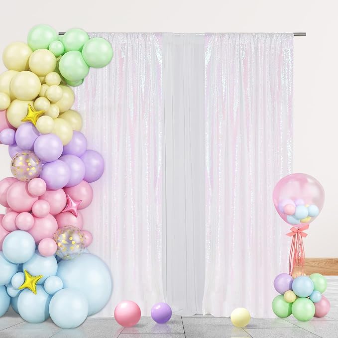 PartyDelight Iridescent White Sequin Backdrop Curtains 2x8ft 2 Panels | Color - Image 6