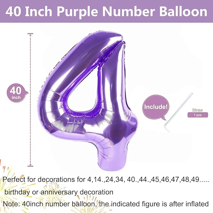 Purple Number Balloons, 40 Inch Purple Balloon 4.4 Helium Balloon 4th Birthday - Image 2