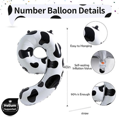 40 Inch Number 9 Balloons for Boys, Cow Print Giant 9th Birthday Party Number - Image 2