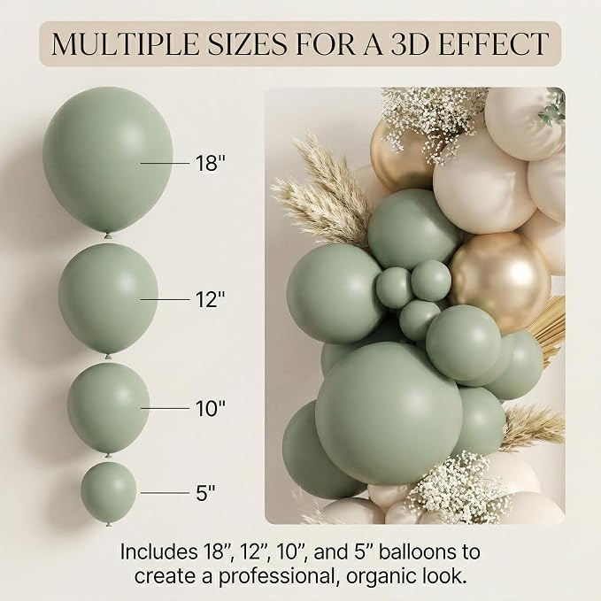 122Pcs Sage Green Cream Gold Balloon Arch Kit, 18 12 10 5 Inch Balloons | Olive - Image 6