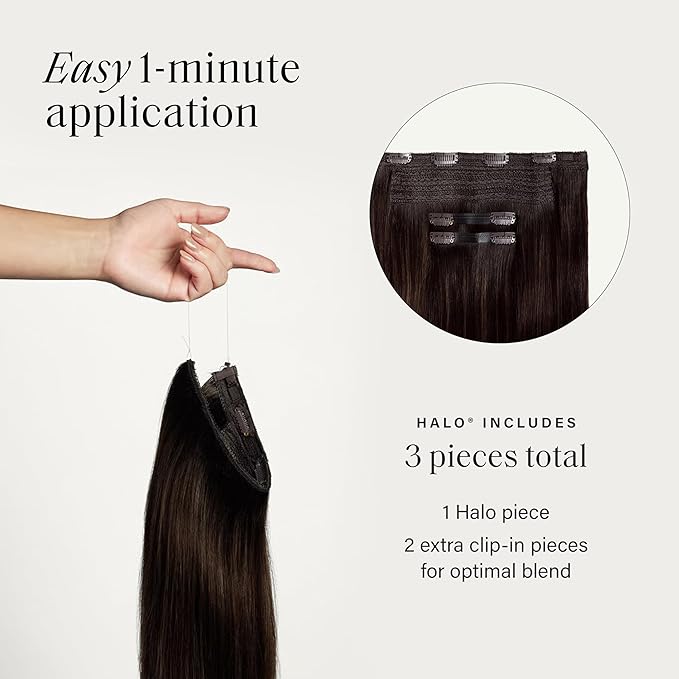 Luxy 100% Remy Human Hair – Halo Clip-In Hair Extensions –Natural Looking Volume & Length - One-Piece - Easy 5-Min Application 140 grams 16" Dimensional Rooted Espresso Brown