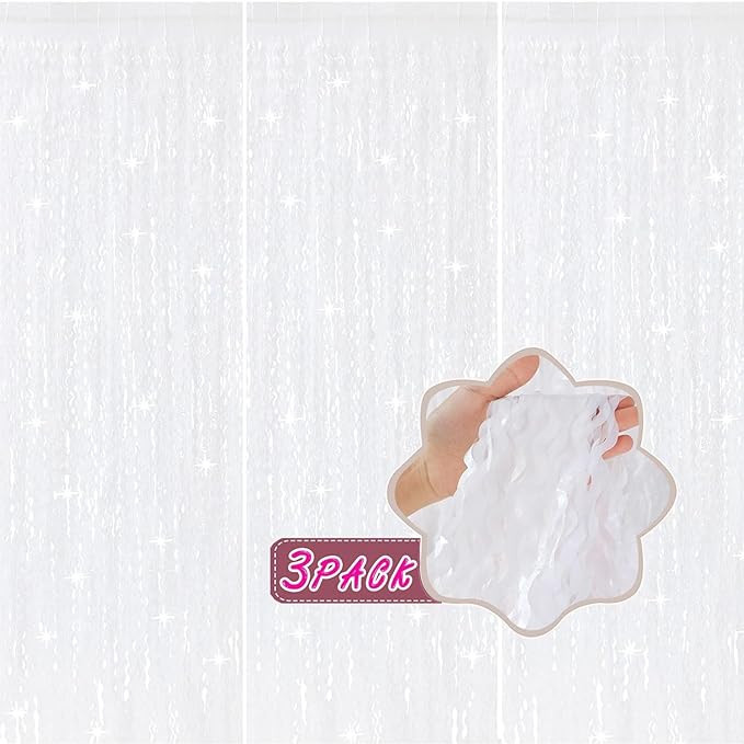 3Pcs Wavy White Metallic Tinsel Curtain Foil Fringe Backdrop, 3.3 ft x 6.6 ft by CYLMFC