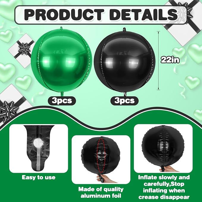 6Pcs Black Green Round Foil Balloons, Giant 4D Round Ball Balloon, 22 Inch - Image 2