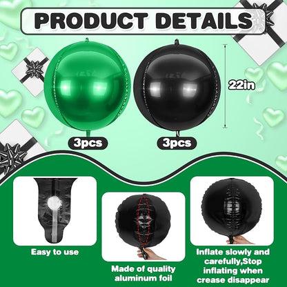6Pcs Black Green Round Foil Balloons, Giant 4D Round Ball Balloon, 22 Inch - Image 2