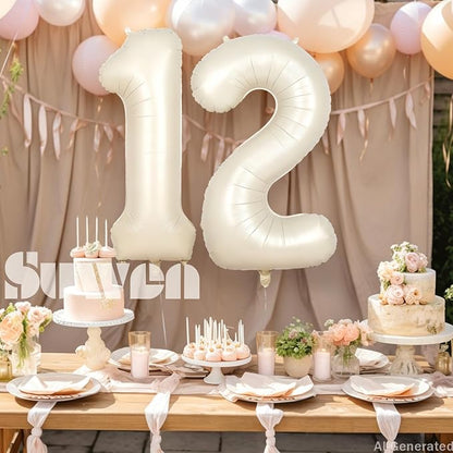 SUWEN 40 Inch Cream White Large 12 Number Balloons Big Foil Helium Number - Image 3