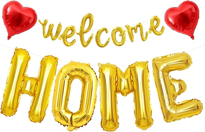 Welcome Home Balloons Red Gold, 40Inch HOME and 16Inch Welcome Foil Balloons by Xinvery