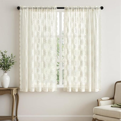 MIULEE Vintage Floral Scalloped Lace Curtains 2 Panels, Ivory 52" W x 63" L | - Image 7