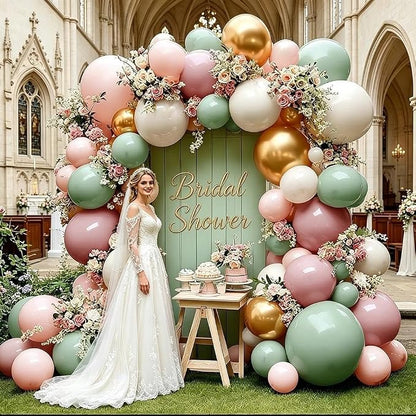 Dusty Green Pink Balloon Arch Double Stuffed Pastel Baby Pink Light Green White - Image 8