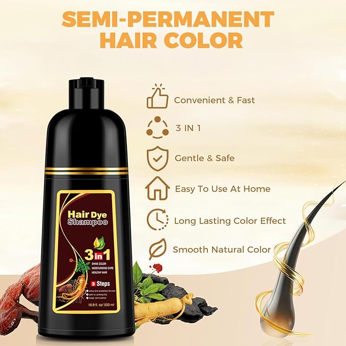 Coffee Hair Dye Shampoo 3 in 1 for Gray Hair Coverage, Hair Color Shampoo for Women Men, Herbal Ingredients Instant Champu Para Canas (16.9 Oz)