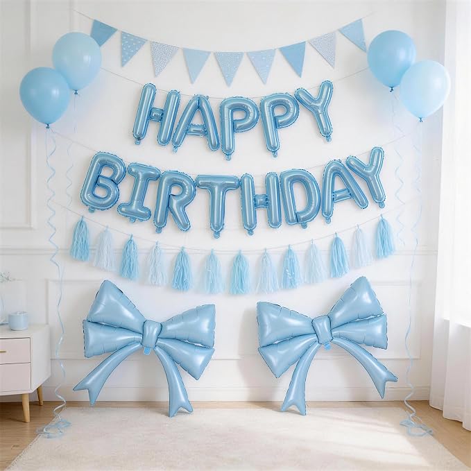 Blue Bow Happy Birthday Balloons Banner, 22 Inch Baby Blue Bow Foil Balloons - Image 3