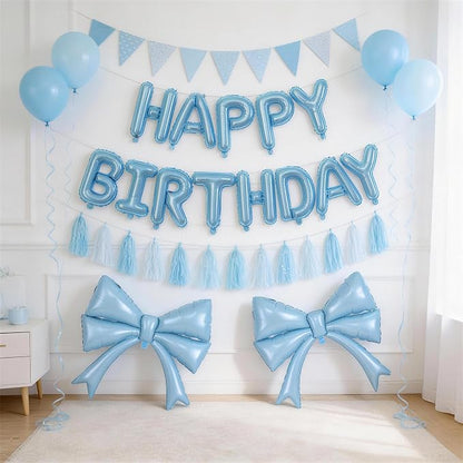 Blue Bow Happy Birthday Balloons Banner, 22 Inch Baby Blue Bow Foil Balloons - Image 3