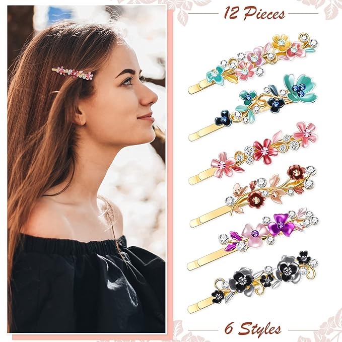 WILLBOND 12 Pieces Vintage Flower Hair Pins Women Barrette Bobby Pins Decorative Metal Gold Tone Hairpins Colorful Floral Design Hair Clips French Rhinestone Decorative Accessories for Women Girls