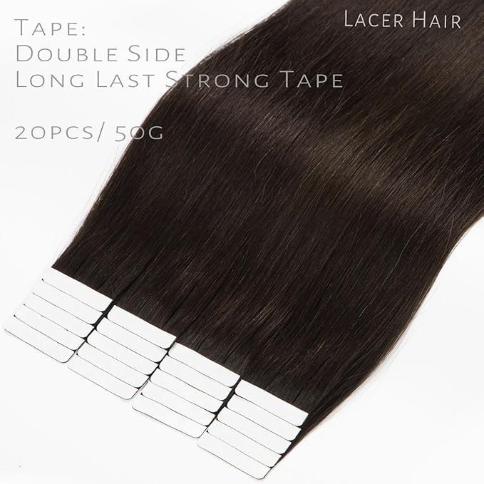 Lacer Tape in Extensions Real Human Hair Darkest Brown Invisible Skin Weft Straight Human Hair Tape in Extensions 14 Inch 100 Gram Per Package 40 Pcs