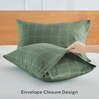 JELLYMONI 100% Natural Cotton Plaid Standard Pillowcases Set, 2 Pack White with Green Grid Geometric Pattern Printed Pillow Covers with Envelope Closure(Pillows are not Included)