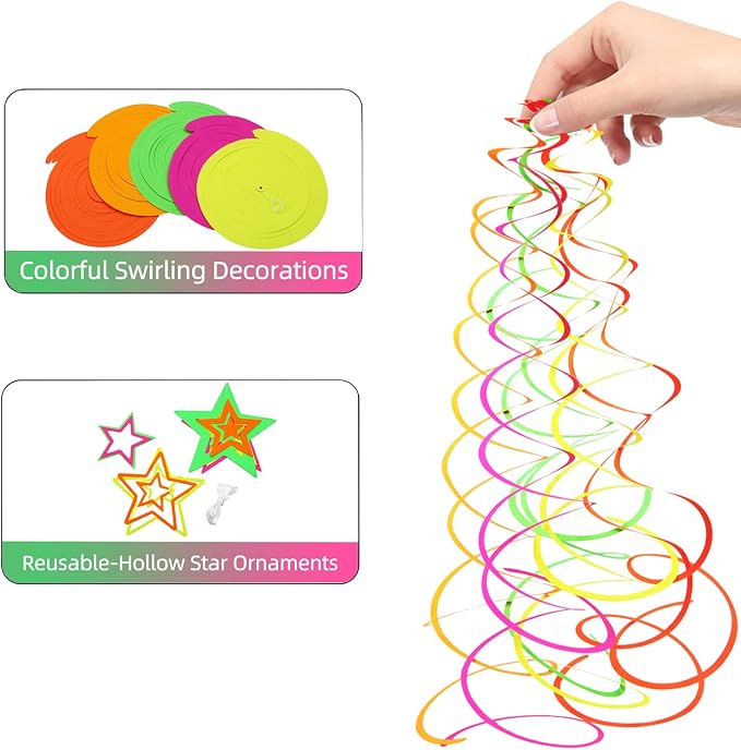 54 Pieces UV Hanging Swirl Paper Neon Star Garlands Streamers Black Light Glow - Image 6