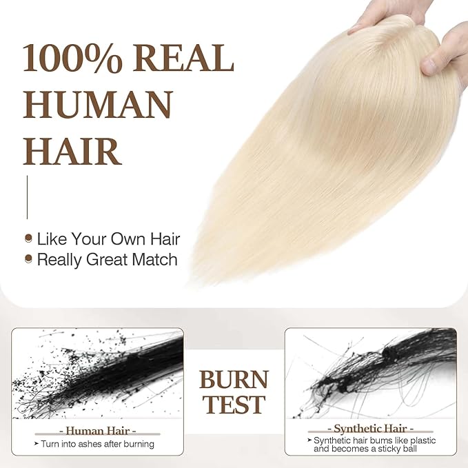 Rich Choices Hair Toppers for Women Real Human Hair 100% Human Remy Toppers NO Bangs for Women with Thinning on Top Clip in Hairpiece 4"x4.7"Lace Base 12 Inch #60 Platinum Blonde