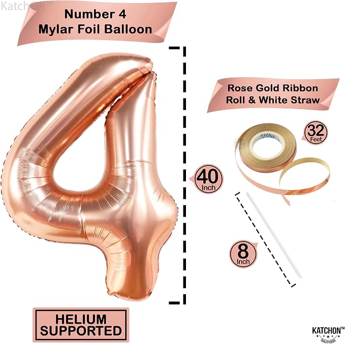 KatchOn Rose Gold Number 4 Balloons 40 Inch, 4 Birthday Decorations | Foil - Image 4